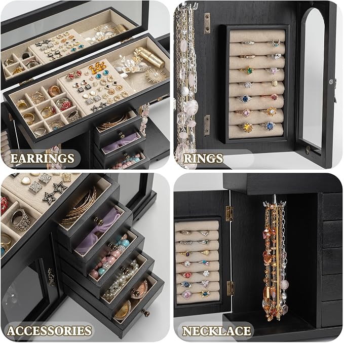 Miratino Jewelry Box for Women Girls, Wooden Jewelry Organizer Box with Mirror, 5 Layer Jewelry Storage Case Display for Necklaces Earrings Rings Bracelets Valentine's Day Gifts