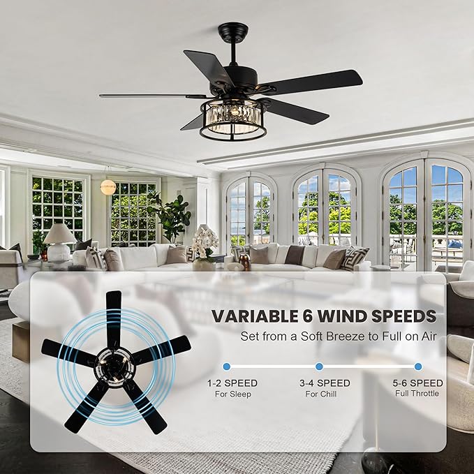 Dawn Whisper 52 Inch Chandelier Ceiling Fans with Lights and Remote Quiet and Reversible DC Motor Black Caged Modern Ceiling Fan for Bedroom Living Room