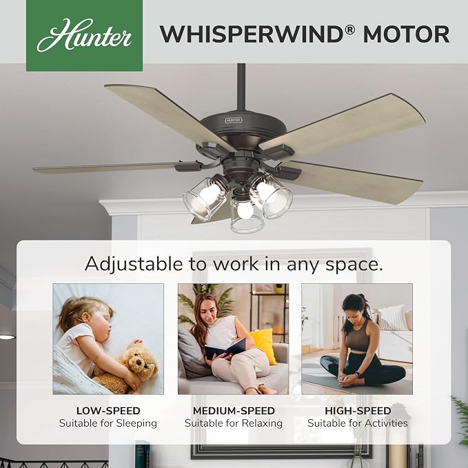 Hunter Crestfield, Indoor, Ceiling Fan, 5 Blades, 52 inch, Noble Bronze | with LED Lights and Remote Control, Standard Mount, For Bedroom, Living Room, Kitchen, 3 inch Downrod, 51856