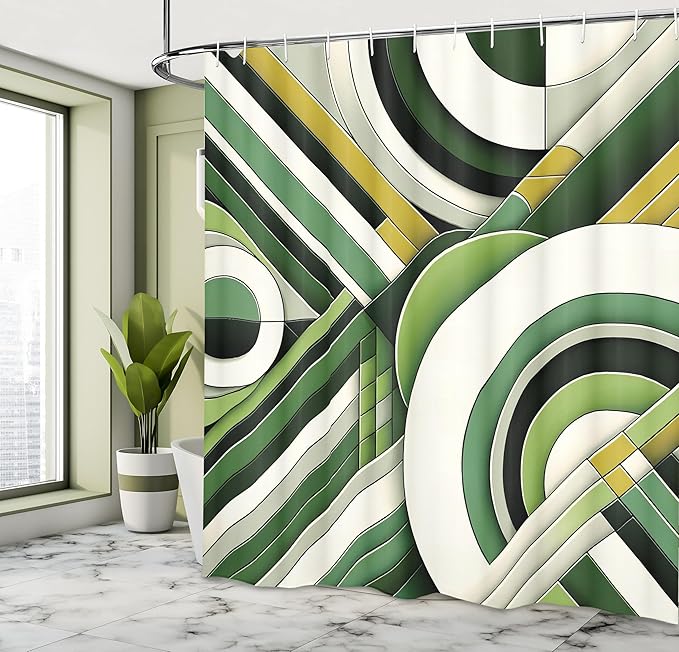 Ambesonne Green Shower Curtain, Mid Century Modern Boho Style Geometric Rounds and Lime Tone Lines Abstract Art, Cloth Fabric Bathroom Decor Set with Hooks, 69" W x 75" L, Eggshell Khaki