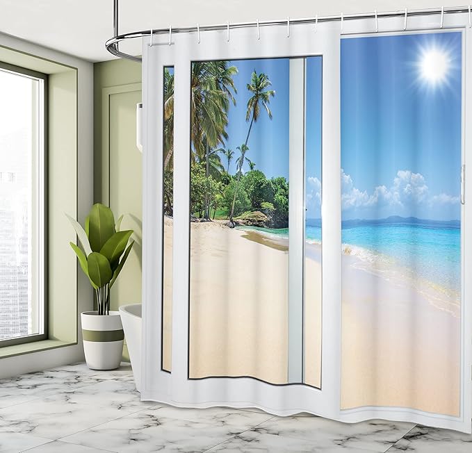 Ambesonne Ocean Shower Curtain, Ocean View from The Window on The Island Scenery Traveling Destination, Cloth Fabric Bathroom Decor Set with Hooks, 69" W x 75" L, White Cream Blue