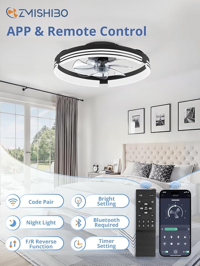 ZMISHIBO Low Profile Ceiling Fans with Lights and Remote, 20 Inch Flush Mount Ceiling Fan with Light, 3000K-6000K Dimmable Fandelier LED Fan Light, 6 Wind Speeds Black Ceiling Fans for Bedroom
