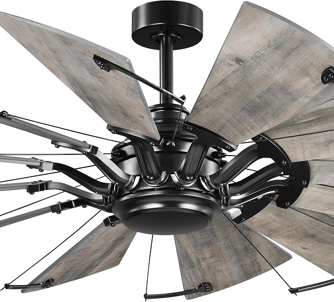 Progress Lighting Springer Collection DC Motor Farmhouse Windmill Ceiling Fan, Matte Black, 12-Blade (60" W x 17-3/8" H) P250000-31M