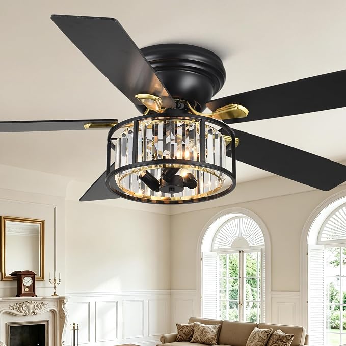 52 inch Flush Mount Ceiling Fan with Light Remote Control | Low Profile Crystal Chandelier Fandeliers 5 Reversible Blades Indoor Farmhouse Ceiling Fans for Bedroom Living Room Kitchen