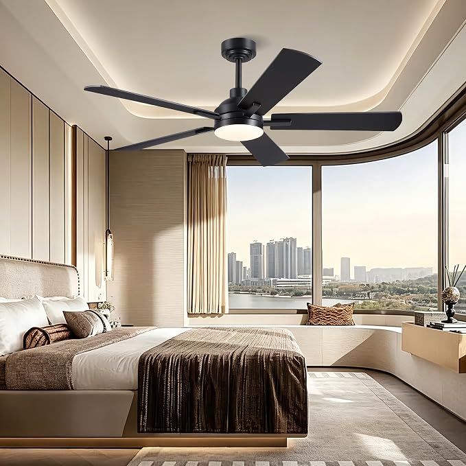 JSAITEE Ceiling Fans with Lights - 52Inch Low Profile Flush Mount Ceiling Fan with Light and Remote Control, DC Reversible Motor, Dimmable, 6 Speeds Ceiling Fan for Bedroom, Kitchen, Black