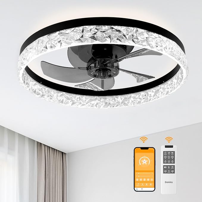 DAMINY 20inch Black Ceiling Fans with Lights and Remote, 6CCT, Dimmable Smart Low Profile Ceiling Fan with Light, 6 Speeds Flush Mount Modern Bladeless Ceiling Fan for Bedroom