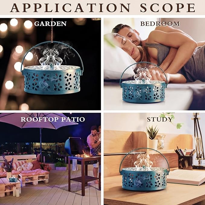 Lallisa 4 Pieces Mosquito Coil Holder Incense Coil Holder Retro Portable Round Metal Hanging Incense Burner Holders with Handle for Home Indoor Outdoor Camping Patio (Blue)