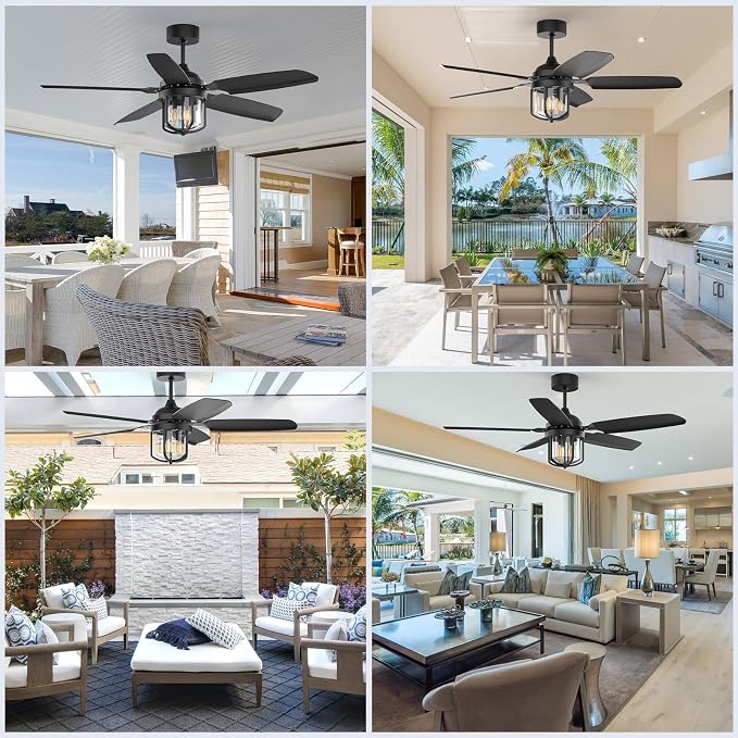 52 Inch Outdoor Ceiling Fans with Lights for Patios, IP65 Waterproof Ceiling Fan with Remote and 6-Speed DC Motor, Gazebo Ceiling Fan for Porch Pavilion Farmhouse Black (Included 3pcs Bulb)