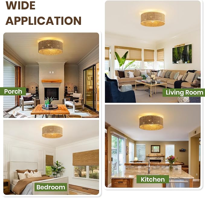 Boho Ceiling Fan with Light,Caged Ceiling Fan with Remote Control Reverible Blades Low Profile 6 Speeds Farmhouse Rattan Fandelier Chandelier Ceiling Fans for bedroom dining room kitchen living room