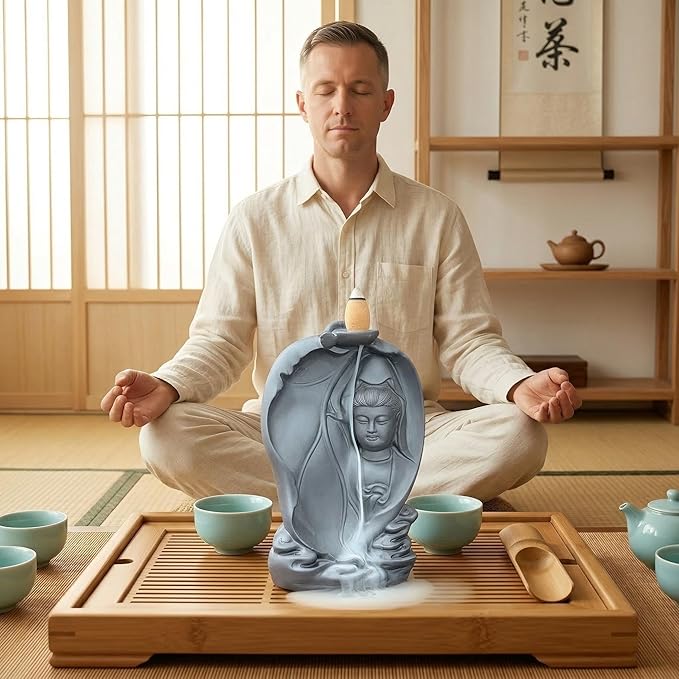Ceramic Incense Burner, Waterfall Reflux Design, Aromatherapy Holder for Cones and Sticks, Dark Brown。 (XGY)