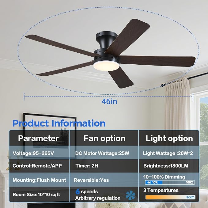 Ayaoty 46" Ceiling Fans with Lights and Remote - Flush Mount Ceiling Fan Light with ABS Blades and 3CCT Dimmable, Reversible, Low Profile Fan Light for Indoor Modern Bedroom, Kitchen, Brown