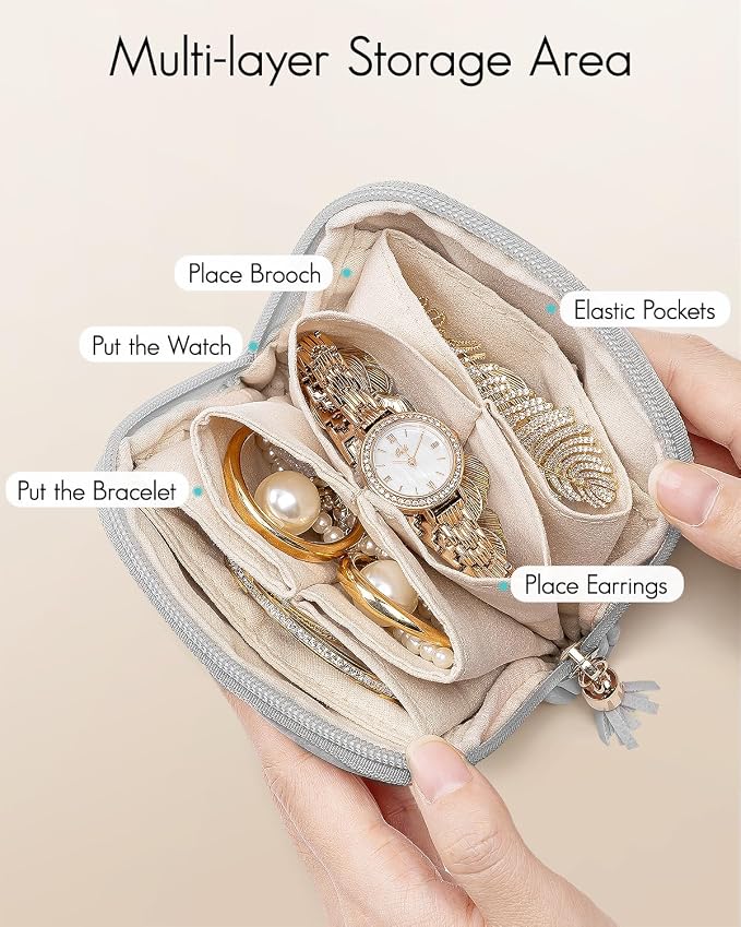 VLANDO Small Travel Jewelry Case,Jewelry Pouch Bags with Zipper,Velvet Jewelry Organizer Storage Bag for Bracelet Rings Earring Travel Essentials-Grey