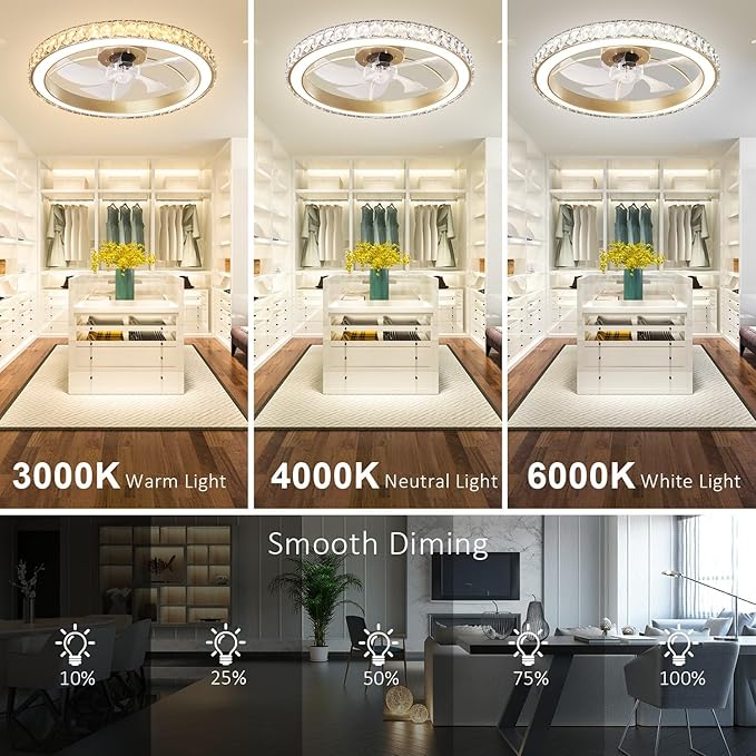 Aipsun Low Profile Modern Crystal Chandelier Ceiling Fans with Lights and Remote, 3000K-6500K Smart Bladeless LED Fan Light, 22" Gold Modern Ceiling Fans with Lights for Bedroom