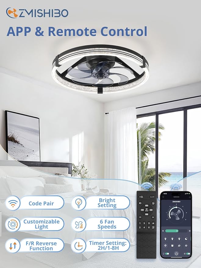 ZMISHIBO Low Profile Ceiling Fans with Lights, Flush Mount Modern Ceiling Fan and Remote Control, 20" LED Ceiling Fans, Stepless Dimmable 3 Colors and 6 Speeds (Black, 20")