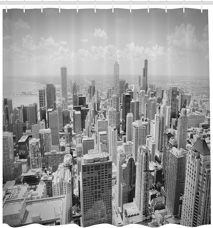 Ambesonne USA Shower Curtain, Chicago City Skyline Aerial View Contemporary Famous Touristic Places Picture Print, Cloth Fabric Bathroom Decor Set with Hooks, 69" W x 70" L, Black Grey