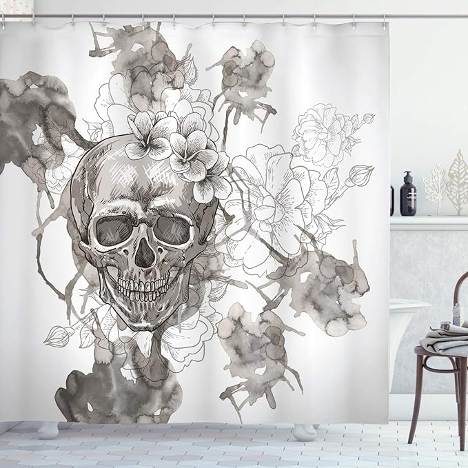 Ambesonne Day of The Dead Shower Curtain, Painting Skull Flowers Dia de Los Muertos Designed Print, Cloth Fabric Bathroom Decor Set with Hooks, 69" W x 84" L, Dimgrey and White
