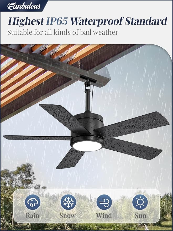 Fanbulous 42" Outdoor Ceiling Fan with Light and Remote, IP65 Waterproof, Plug-in Design with 10FT Cord, 6-Speeds, 3CCT, Hook Hanging Fan for Gazebo Patio Porch Garage Canopy(Black)