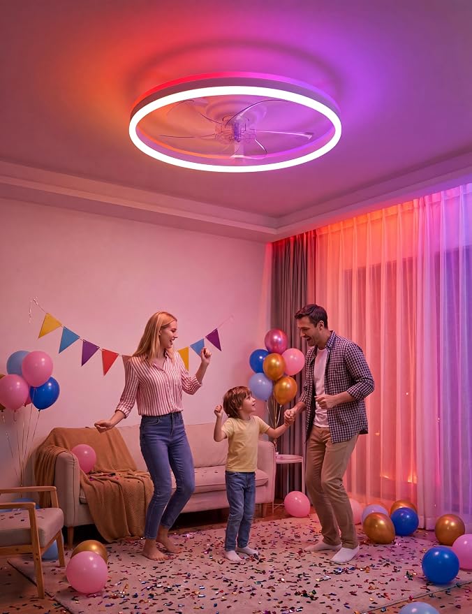 NIORSUN RGB Ceiling Fans with Lights and Remote, Modern Smart LED Ceiling Fans Light, 6 Speeds & 3000K-6500K Dimmable, Quiet Bladeless Fandelier Ceiling Fan with Light for Bedroom(20Inch,White)
