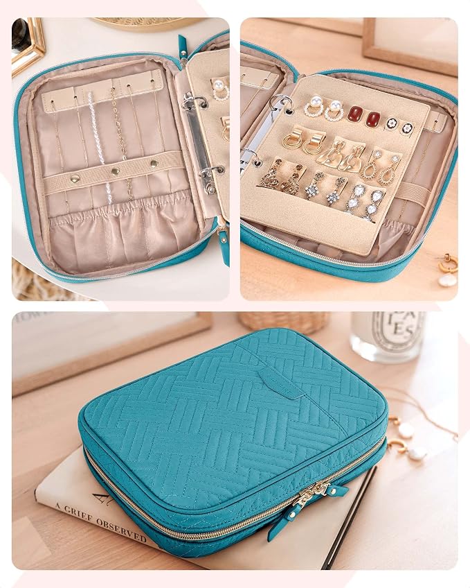 BAGSMART Jewelry Travel Organizer Case Ring Binder Storage Rolls, Teal | For Home Jewelry Storage, Ring Binder Clear Bags, Zipper Rolls Pouch, For Necklaces, Earrings, Rings, Bracelets