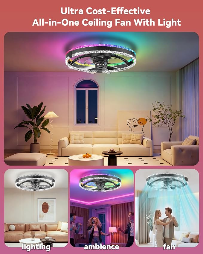 RGB Low Profile Ceiling Fan with Lights,RGB Ceiling Fans with Lights and Remote, 3000-6500K Dimmable Modern Flush Mount LED Fan Lights, 6 Wind Speeds Ceiling Fans for Bedroom