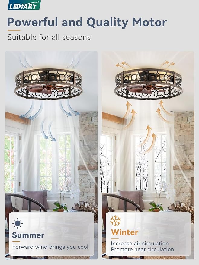 LEDIARY Caged Flush Mount Ceiling Fans with Lights, 23 Inch Farmhouse Low Profile Ceiling Fan with Remote, Small Bladeless Fan Lights Ceiling Fixtures for Bedroom, Kitchen- Black and Gold
