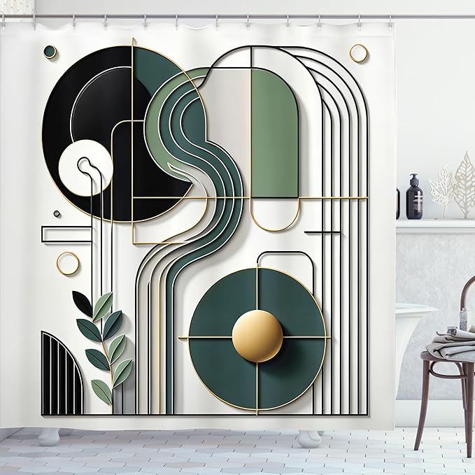 Ambesonne Modern Shower Curtain, Art Mid Century Arch Stripes and Curving Details with Rounds and Leaves, Cloth Fabric Bathroom Decor Set with Hooks, 69" W x 70" L, Petrol Blue White Green