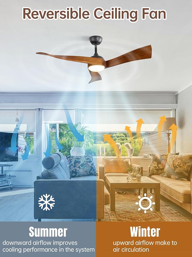Sofucor 52 Inch Smart Ceiling Fans with Light-Modern Solid Wood Outdoor 3 Blades Ceiling Fan with Light Alexa/Google/APP/Remote Control for Bedroom Living Room Farmhouse, Quiet DC Motor, Walnut Black