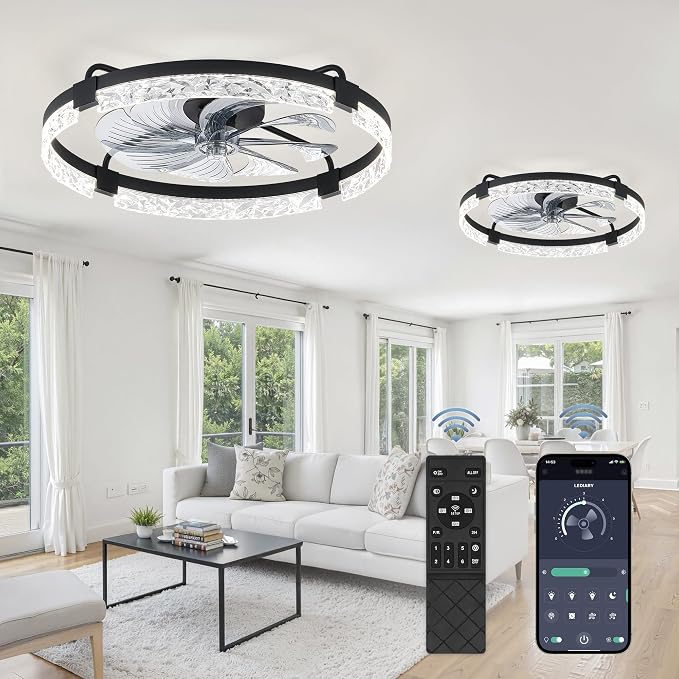 LEDIARY 2 Pack 24 Inch Low Profile Ceiling Fans with Lights and Remote, Fandelier Modern Ceiling Fan, 3000K-6000K Dimmable LED Fan Light, Black Flush Mount Ceiling Fans with Lights for Bedroom