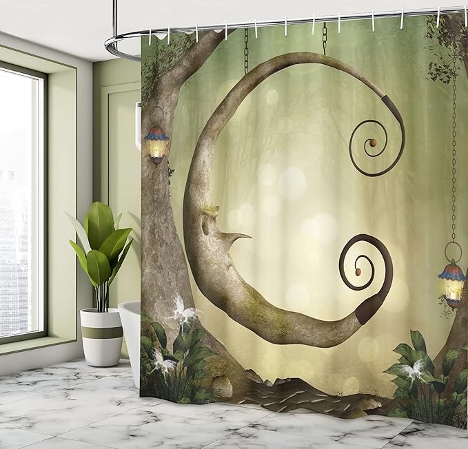 Ambesonne Cartoon Shower Curtain, Forest Secret Swing Old Tree Curly Half Moon Shaped Lamps Butterflies Print, Cloth Fabric Bathroom Decor Set with Hooks, 69" W x 70" L, Brown Khaki