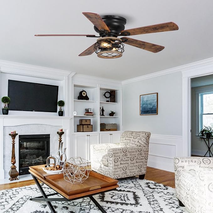 48" Farmhouse Ceiling Fans with Lights, Cage Flush Mount Ceiling Fan with Remote for Bedroom, Living Room, 5 Double Blades, Noiseless Reversible Motor, Timer