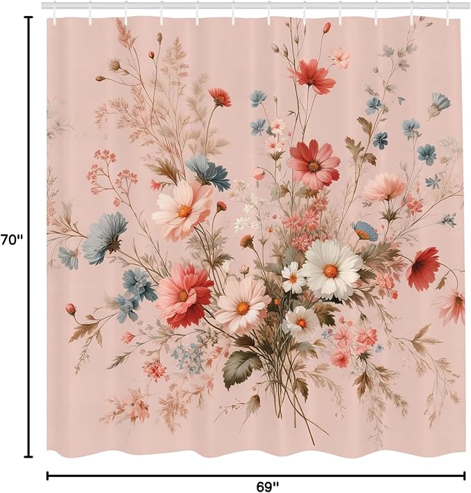 Ambesonne Floral Shower Curtain, Countryside Farmhouse Vibe Romantic Wild Flowers Arrange Plain Back, Cloth Fabric Bathroom Decor Set with Hooks, 69" W x 70" L, Blush Blue Grey Pale Rose