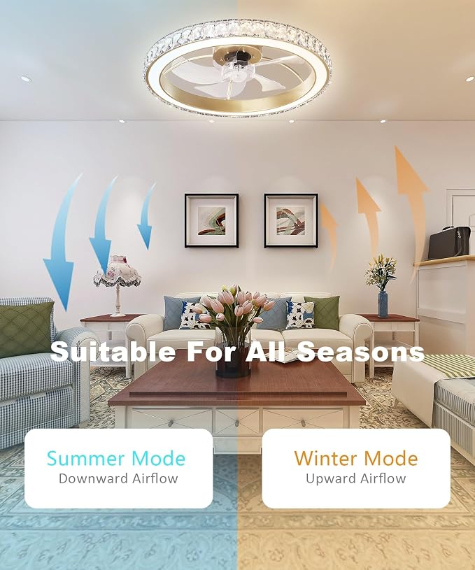 Aipsun Low Profile Modern Crystal Chandelier Ceiling Fans with Lights and Remote, 3000K-6500K Smart Bladeless LED Fan Light, 22" Gold Modern Ceiling Fans with Lights for Bedroom