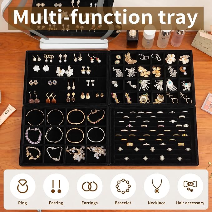 Frebeauty Jewelry Trays for Drawer,Set of 4 Jewelry Organizer and Storage | Velvet Material,Stackable,Adjustable Dividers,Drawer Inserts for Rings Studs Bracelet,Earring Organizer for Women Girls