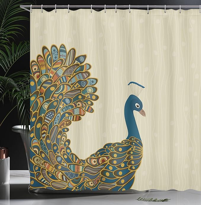 Ambesonne Peacock Shower Curtain, Oriental Background with Motley Bird Tail Ornate, Cloth Fabric Bathroom Decor Set with Hooks, 69" W x 84" L, Petrol Blue