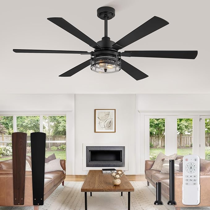 Fanbulous 56 Inch Large Farmhouse Ceiling Fan with Light & Remote,Black | Powerful 6-Speed Reversible DC Motor, Industrial 6 Dual Finish Blades, Ideal for Living Room, Bedroom, Patio, Garage