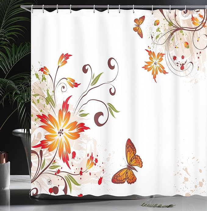 Ambesonne Floral Shower Curtain, Spring Themed Swirled Flowers Leaves and Butterfly Nature Foliage Garden Motif, Cloth Fabric Bathroom Decor Set with Hooks, 69" W x 75" L, Orange Brown