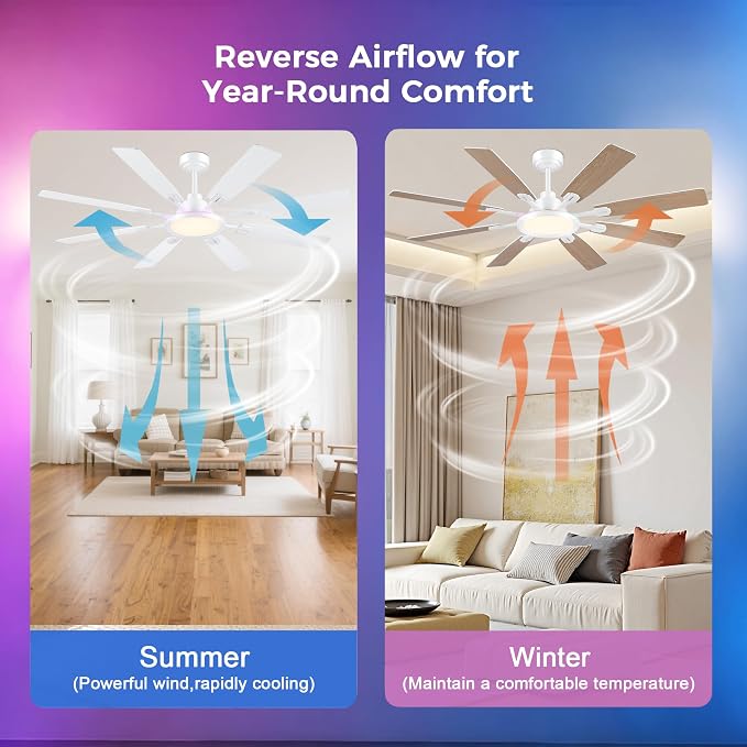 Ceiling Fan With Light & Remote Indoor/Outdoor Use 60 Inch RGB White | Remote Control,RGB Dimmable,Reversible DC Motor,3CCT,Timer,Noiseless,Ceiling Fan for Bedroom Living Room