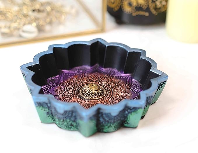 Ebros Gift New Age Colorful Iridescent Chakra Rainbow Buddhist Mandala 8 Spokes Wheel Flower Incense Stick Holder Burner Figurine Yoga Meditation Home Fragrance Accent