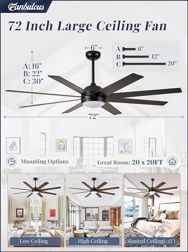 Fanbulous Ceiling Fan with Light, 72 inch Large Black Ceiling Fan with Light and Remote, Indoor/Outdoor use for Living Room Patio, 6 Speeds, Reversible Quiet DC Motor, 3 CCT, 8 Blades