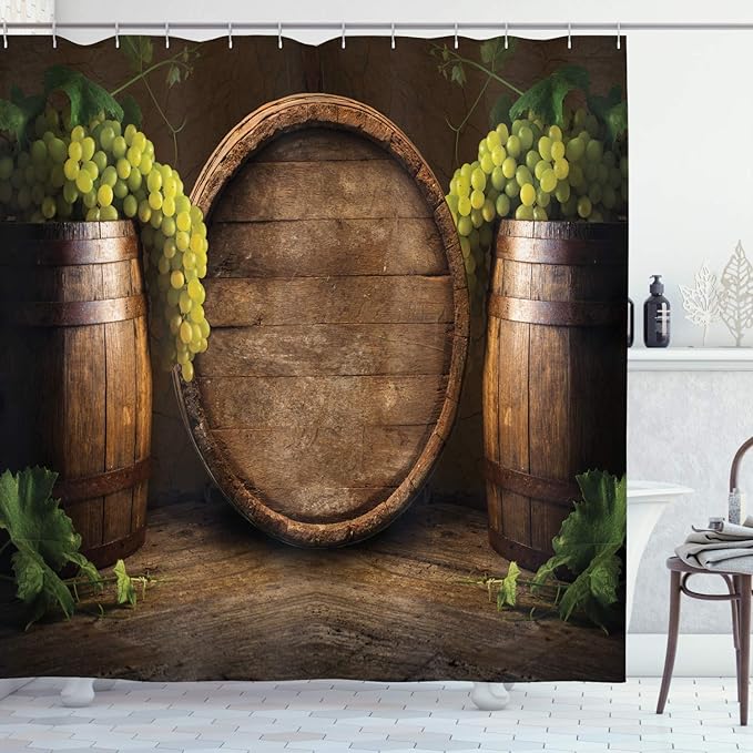 Ambesonne Winery Shower Curtain, Still Life of Wine with Wooden Keg Old Fashioned Wine Keeper Tasting, Cloth Fabric Bathroom Decor Set with Hooks, 69" W x 75" L, Green Apple