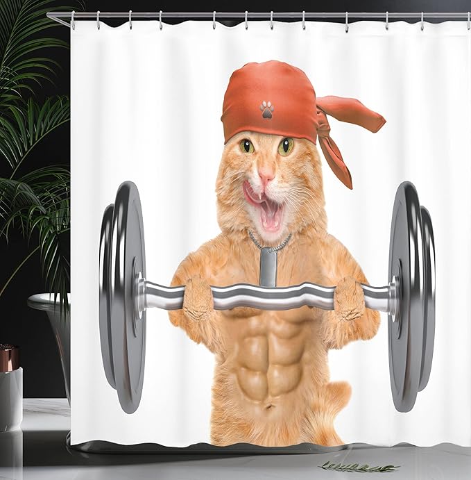 Ambesonne Funny Shower Curtain, Fitness Cat Lifting a Big Dumbbell Muscled Kitty Body Building Gym Humor Image, Cloth Fabric Bathroom Decor Set with Hooks, 69" W x 84" L, Brown Grey