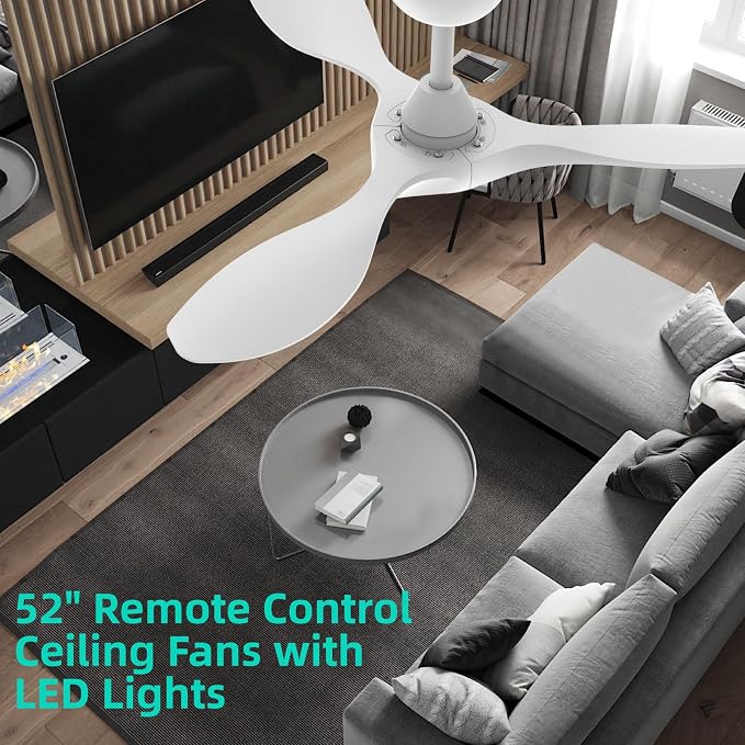 Roomratv 42 Inch White Ceiling Fans with Lights, Remote Control,Reversible DC Motor,Dimmable,6 Speeds,Ultra Quiet,3 Blade Ceiling Fans for Bedroom,Living Room,Indoor Outdoor Patio