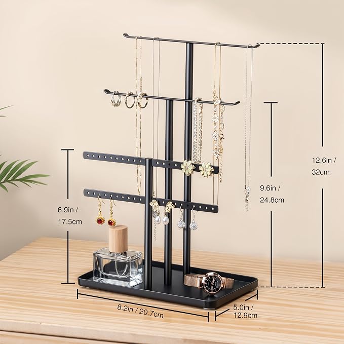 pickpiff Jewelry Stand Organizer, 12.5" Tall Sturdy Metal, 3-Tier Jewelry Holder for Necklace, Earring, Bracelet, Ring, Hanger for Display and Storage, Aesthetic Room Decor, Black