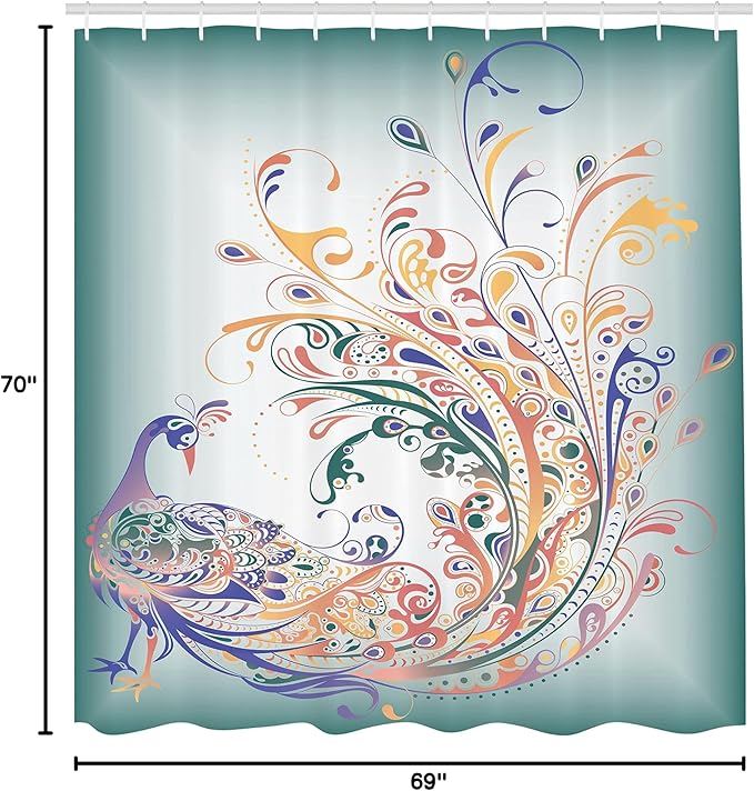 Ambesonne Abstract Shower Curtain, Peacock Bird Tail Feathers Plume Paisley Pattern Ornamental Design, Cloth Fabric Bathroom Decor Set with Hooks, 69" W x 70" L, Pale Petrol