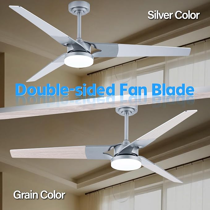 Ceiling Fan with Lights and Remote, 3 Blade App Control Timer Reversible Stepless Brightness and Color Temperature Outdoor Wood Ceiling Fan with Lights (Silver, 60 In'ch)