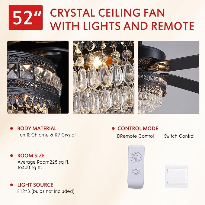GJeg Crystal Ceiling Fan Fandelier with Lights- Retro Outdoor Fans with Remote Control, Farmhouse Ceiling Fan with Noiseless AC Reversible Motor,Dining Room,Living Room(52" Black)