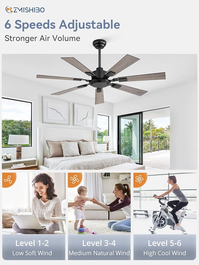 ZMISHIBO 52“ Ceiling Fans No Light with Remote, Black Modern Ceiling Fan Without Light, Quiet Reversible DC Motor, 6 Speeds, 7 Blades Indoor/Outdoor Ceiling Fan for Living Room Bedroom Patio Garage