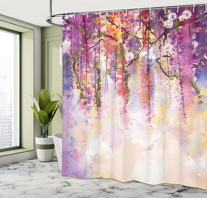 Ambesonne Watercolor Flower Decor Collection, Spring Flowers Wisteria Bokeh Background Painting, Polyester Fabric Bathroom Shower Curtain Set with Hooks, 69" W x 75" L, Peach Purple