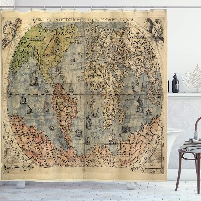 Ambesonne Antique Shower Curtain, Map of World Global History Stained Paper Oceans Lands Vintage Atlas, Cloth Fabric Bathroom Decor Set with Hooks, 69" W x 75" L, Cream Green