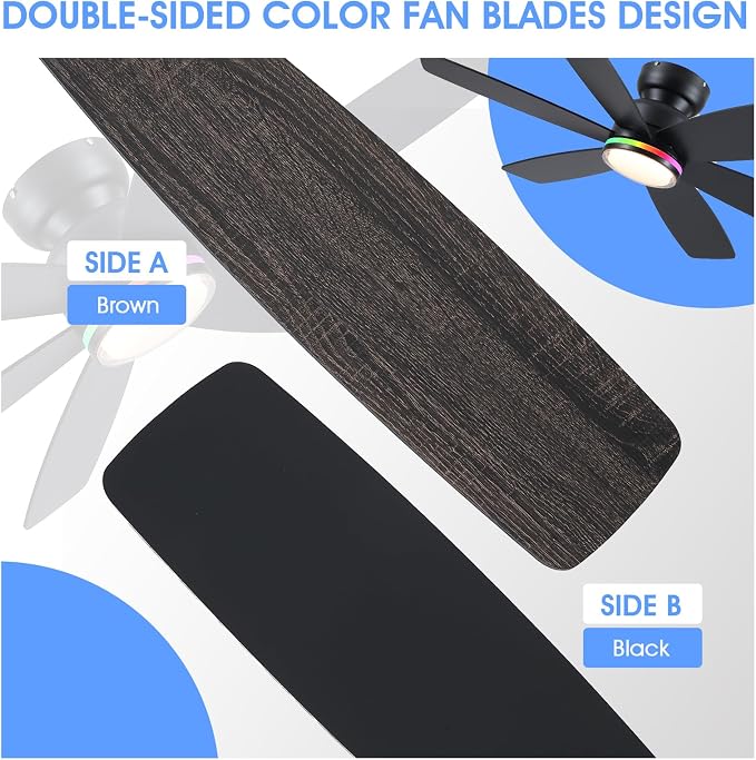 Kviflon 46" Ceiling Fans with RGB Lights, Low Profile Ceiling Fan with Remote/APP Control, Flush Mount, Double-Sided 6 Reversible Blades, RGB+3CCT Dimmable Lights, Double Lampshade for Bedroom, Black